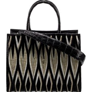 Nancy Gonzalez Black & Cream Crocodile Top Handle Bag with Strap